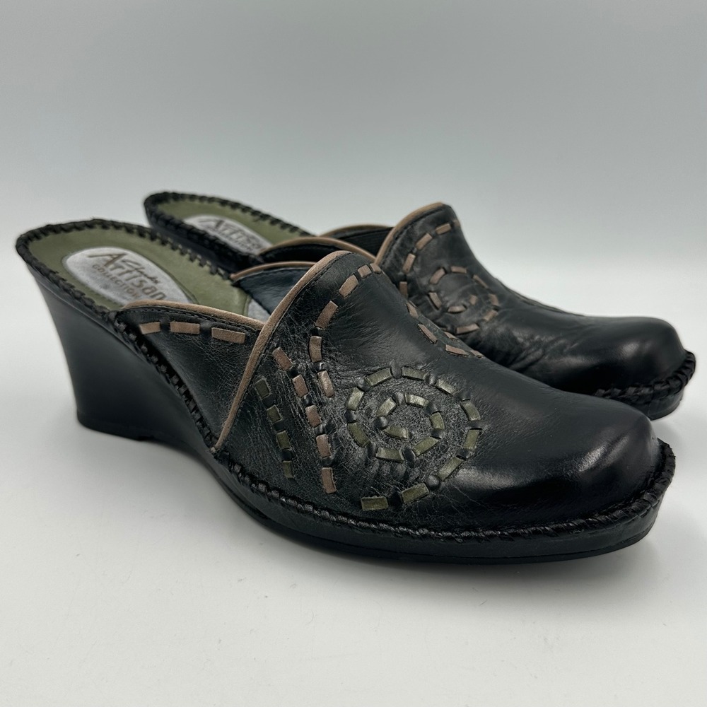 Clarks Artisan Ingrid Wedge Mule Clog 8.5 Black Leather Whipstitch Boho comfort